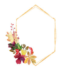 Watercolor frame with fall bouquet and golden texture - 287954034