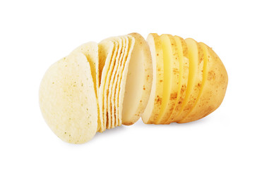 Chopped potatoes becomes potato chips isolated on white background