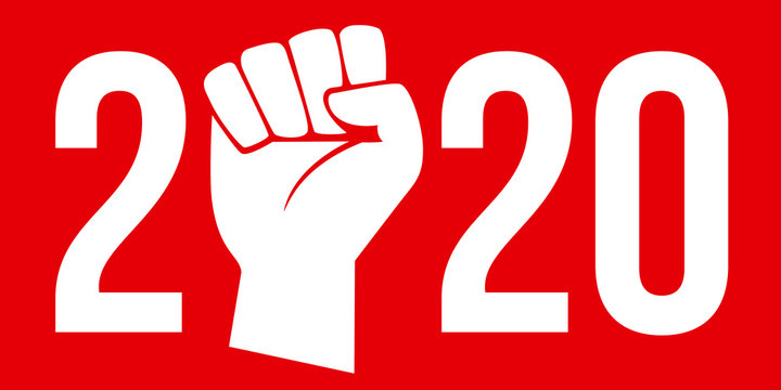 Concept du poing levé sur fond rouge pour symboliser la grève et les manifestations pour défendre les aquis sociaux des ouvriers, pour l’année 2020