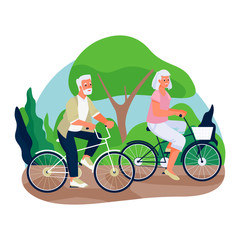 Elderly couple ride bicycles in the countryside. Vector flat cartoon illustration of spring or summer outdoor leisure.