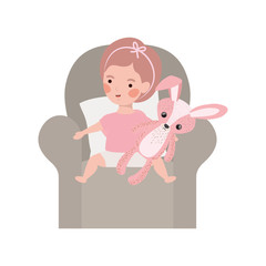 cute little girl baby with rabbit stuffed in sofa character