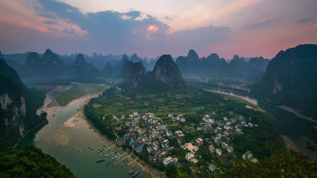 Landscape of Guilin Time-lapse , Li River and Karst mountains called Laozhai mount ,Guangxi Province, China, LD, Lockdown.