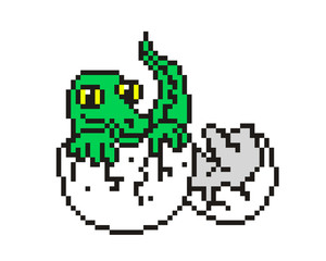 Green baby crocodile hatching from egg, pixel art character isolated on white background. Wildlife, zoo,national park,safari animal mascot. Newborn alligator icon. Retro 80s; 90s video game graphics.