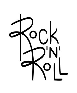 Rock 'n' Roll, Cool Black Linear Handwritten Lettering Print Isolated On White Background. Popular Music Artist Typography Poster. Singer, Band, Musician Merch Calligraphy Design.