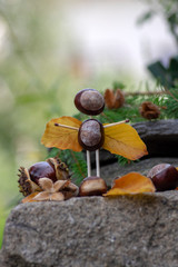 Angel and devil figures made from chestnuts and safety matches and dry leaves in the garden