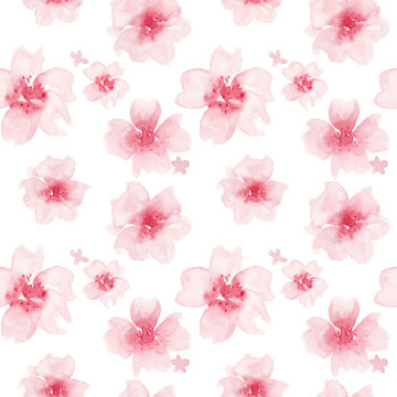 Watercolor floral pattern. Seamless pattern with pink flowers on white background.
