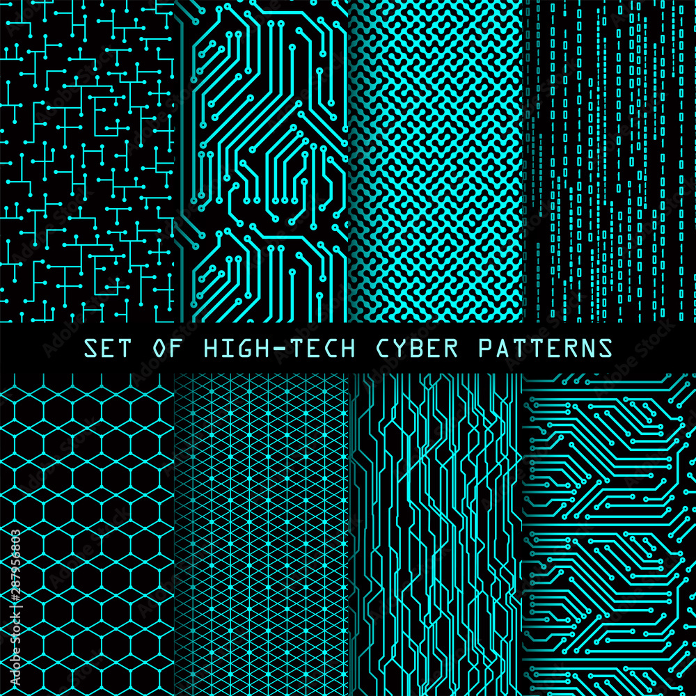 Poster Set of seamless cyber patterns. Circuit board texture. Digital high tech style vector backgrounds.