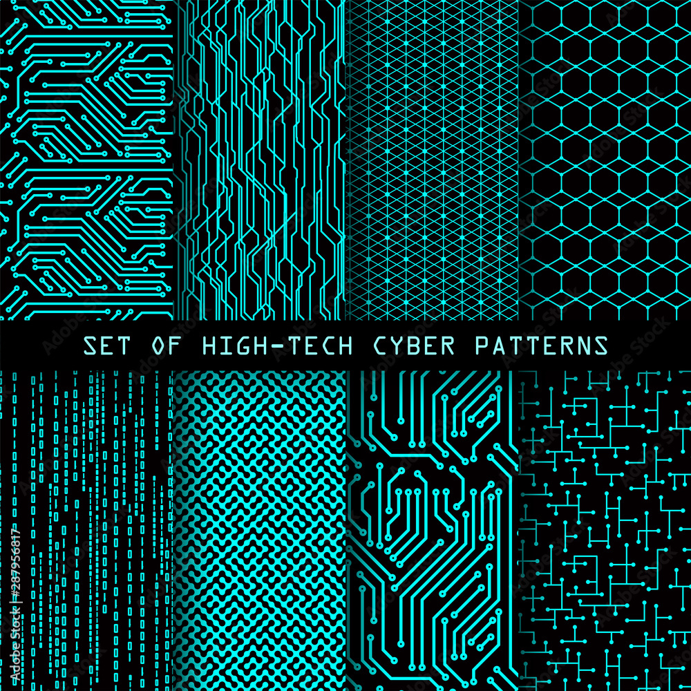 Leinwandbilder Set of seamless cyber patterns. Circuit board texture. Digital high tech style vector backgrounds.