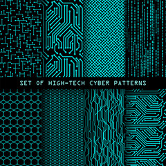 Set of seamless cyber patterns. Circuit board texture. Digital high tech style vector backgrounds.