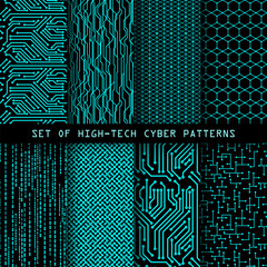 Materiał do szycia Set of seamless cyber patterns. Circuit board texture. Digital high tech style vector backgrounds.