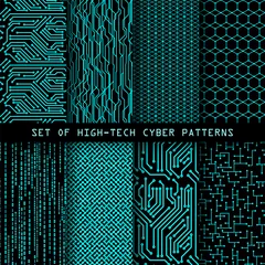 Poster Set van naadloze cyberpatronen. Printplaat textuur. Digitale high-tech stijl vector achtergronden. © kokoshka