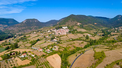 Aerial view of Mostuejols village in the Gorges du Tarn, Aveyron