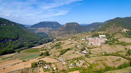Fototapeta na wymiar Aerial view of Mostuejols village in the Gorges du Tarn, Aveyron
