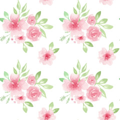 Watercolor floral pattern. Seamless pattern with pink flowers on white background.