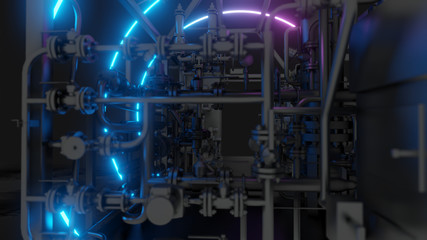 Abstract Industrial Equipment with Neon Lights