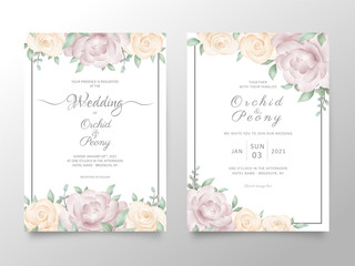 Fototapeta na wymiar Wedding invitation card template set with watercolor roses and peonies flowers. Botanic decorative save the date, greeting, thank you, rsvp cards.