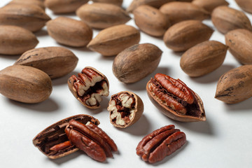 Group of pecan nuts on the white background
