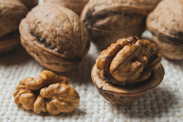 Walnuts on the burlap texture
