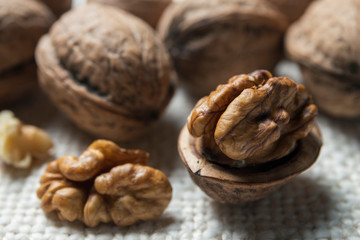 Walnuts on the burlap texture