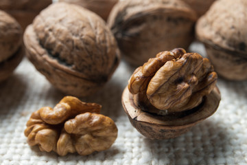 Walnuts on the burlap texture