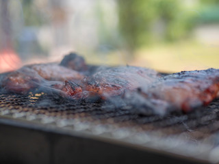 Charred meat on the grill.
