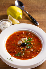 Traditional Russian dish  solyanka - thick, spicy and sour saltwort soup