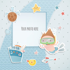 Holiday card design with a diver, fish, turtle  and boat. Summer time. Paper, scrapbook.
