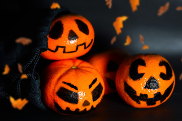 Halloween jack heads isolated on black background. Autumn. Selective focus.