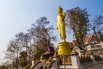 Fototapeta premium Big golden buddha statue stand on mountain look to city