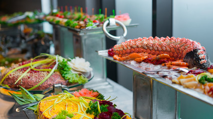 buffet dishes are on the table