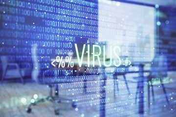 Cyber piracy hologram with minimalistic cabinet interior background. Double exposure. Hacking concept.