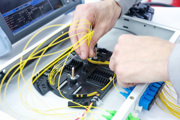Splicing the fiber optic cable on spice tray with worker hands	