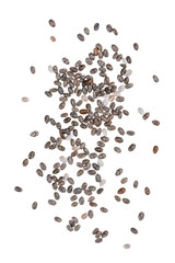 Many healthy chia seeds spread in vertical orientation seen directly from above and isolated on white background 