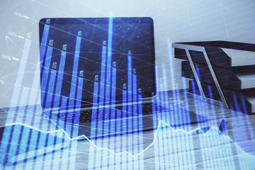 Stock market chart and desktop office computer background. Multi exposure. Concept of financial analysis.