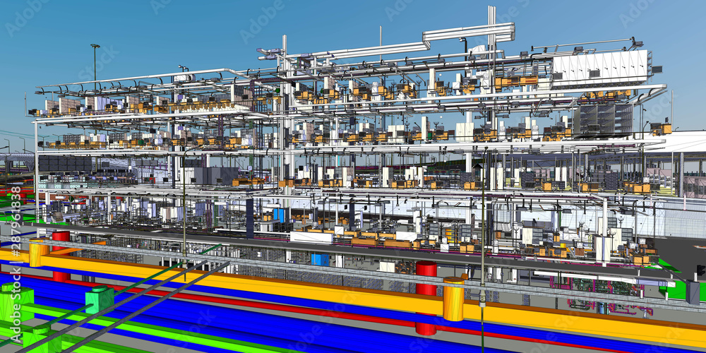 Poster digital bim model conceptual visualization of the utilities of the building