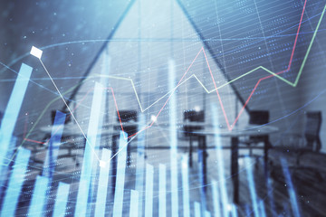Double exposure of forex chart on conference room background. Concept of stock market analysis