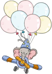 Fototapete Elefant in einem Flugzeug Kleiner Elefant, der mit Luftballons im Flugzeug fliegt