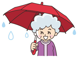 傘を差す笑顔のシニア女性