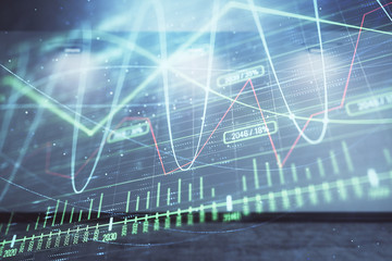 Double exposure of financial graph on empty room interior background. Forex market concept.
