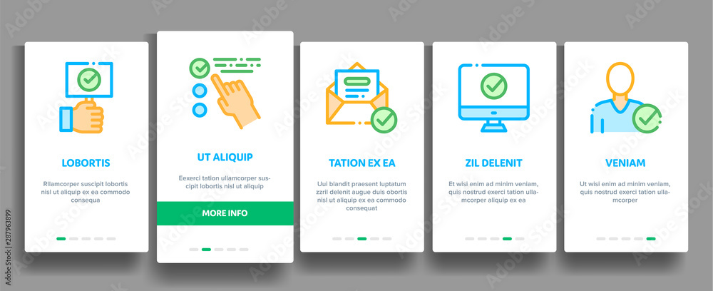 Poster approved elements vector onboarding mobile app page screen. contour illustrations