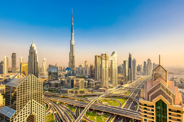 Fototapeta na wymiar Amazing skyline cityscape with modern skyscrapers. Downtown of Dubai at sunny day, United Arab Emirates.