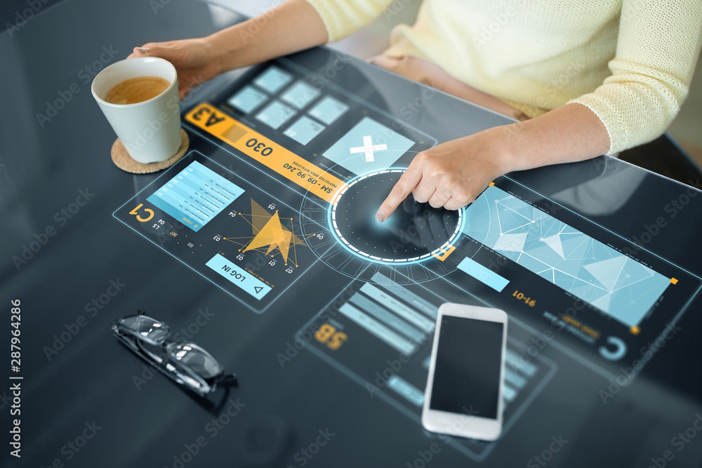 Poster technology and people concept - close up of woman using interactive panel with virtual data and drin