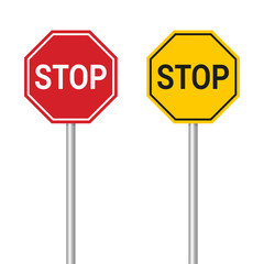 Red and yellow stop sign. Set of two vector realistic signs