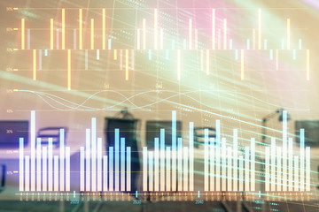 Stock and bond market graph with trading desk bank office interior on background. Multi exposure. Concept of financial analysis