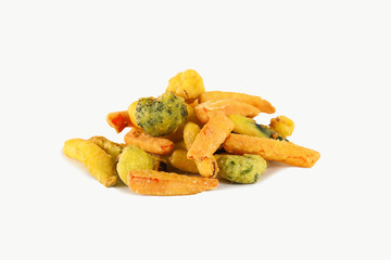 Fried vegetable mix. Red peppers, yellow peppers, zucchini and eggplant breaded and fried on a white background. Food menu. Vegan food