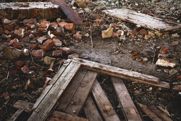 destroyed building, broken bricks
