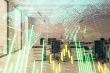 Stock and bond market graph and world map with trading desk bank office interior on background. Multi exposure. Concept of international finance