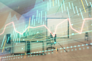 Stock market chart with trading desk bank office interior on background. Double exposure. Concept of financial analysis