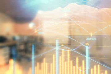 Obraz premium Stock market chart with trading desk bank office interior on background. Double exposure. Concept of financial analysis