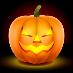 Pumpkin halloween glowing illustration isolated on a dark background. The mask is carved with a knife.  Vector graphics